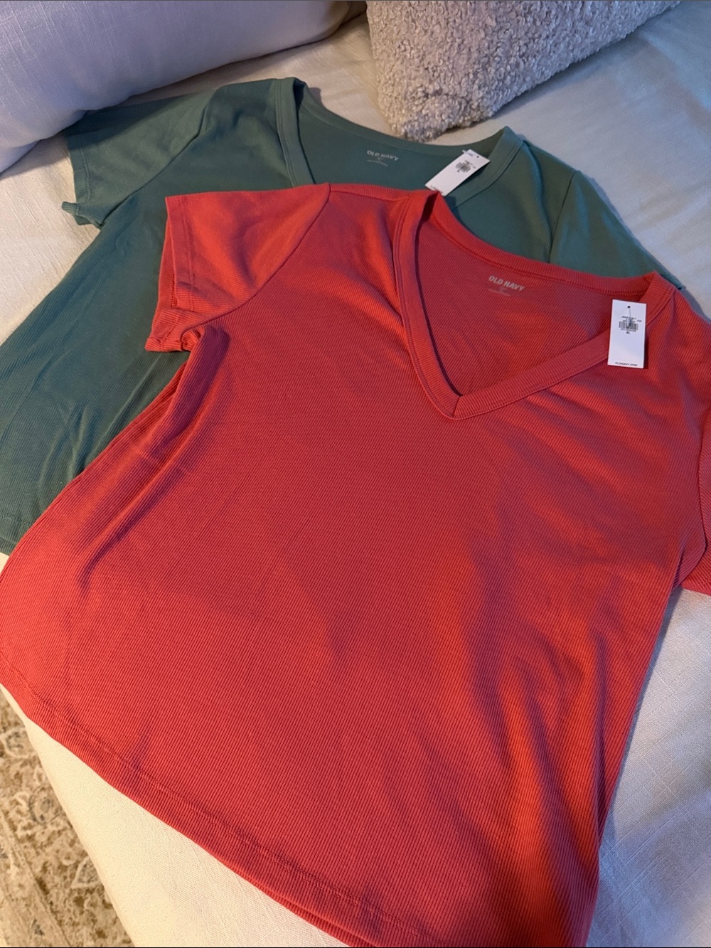 Old Navy V-Neck Ribbed Tees - Coral/Orange and Sage Green